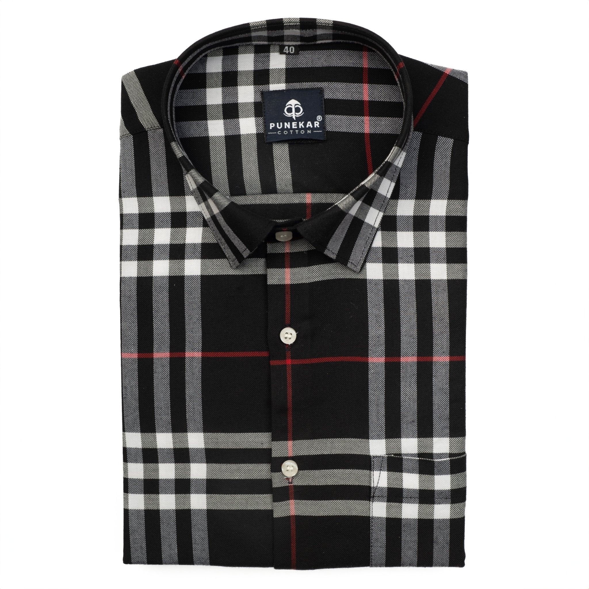 Black Color Tartan Checks Cotton Causal Shirt For Men - Punekar Cotton