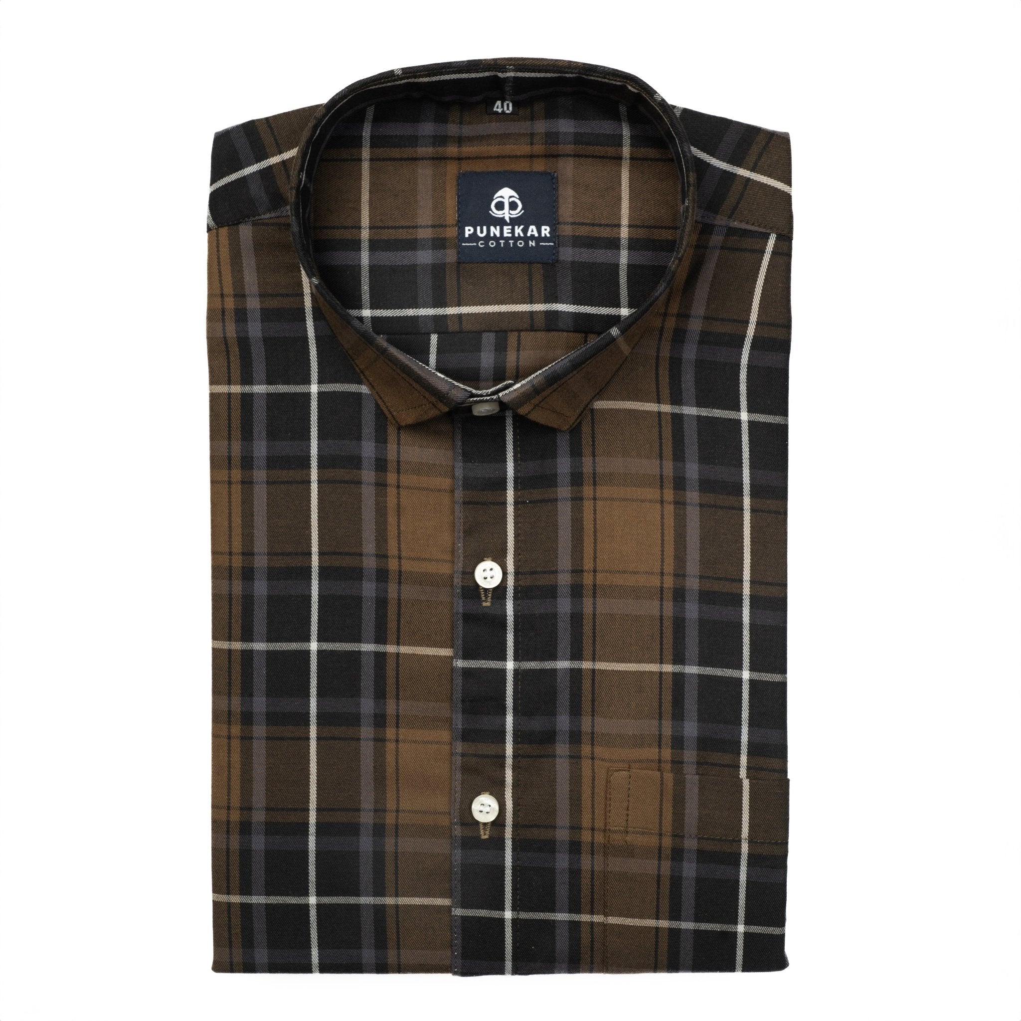 Brown Color Checks Cotton Causal Shirt For Men - Punekar Cotton