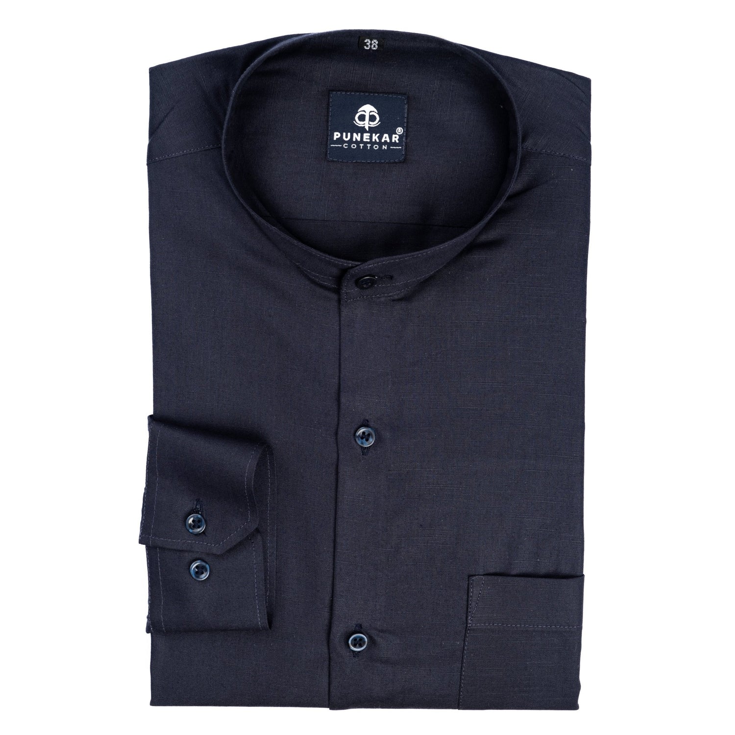 Navy Blue Color Band Collar Solid Shirt For Men - Punekar Cotton