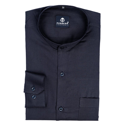 Navy Blue Color Band Collar Solid Shirt For Men - Punekar Cotton