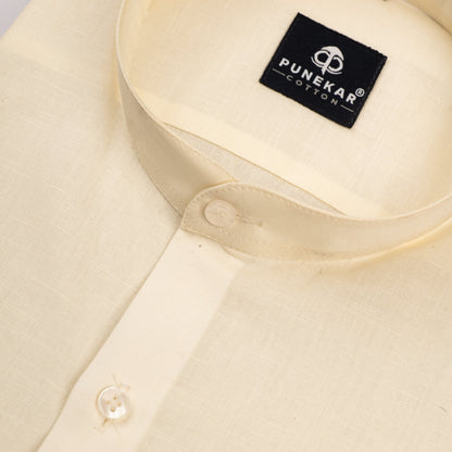 Off White Color Band Collar Solid Shirt For Men - Punekar Cotton