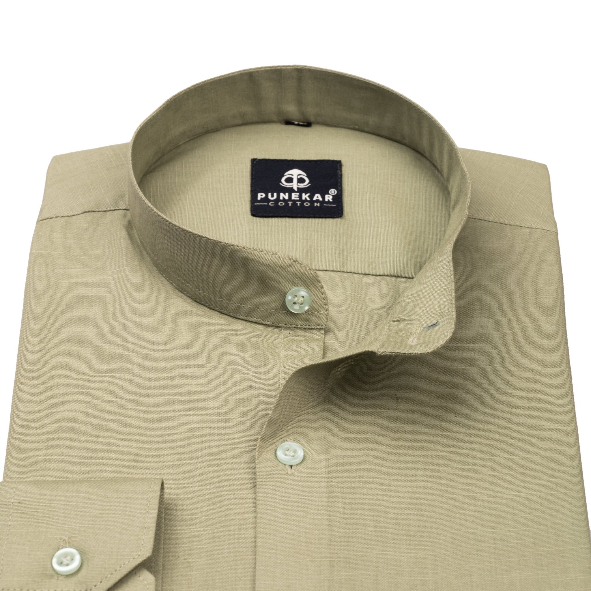 Sage Green Color Band Collar Solid Shirt For Men - Punekar Cotton