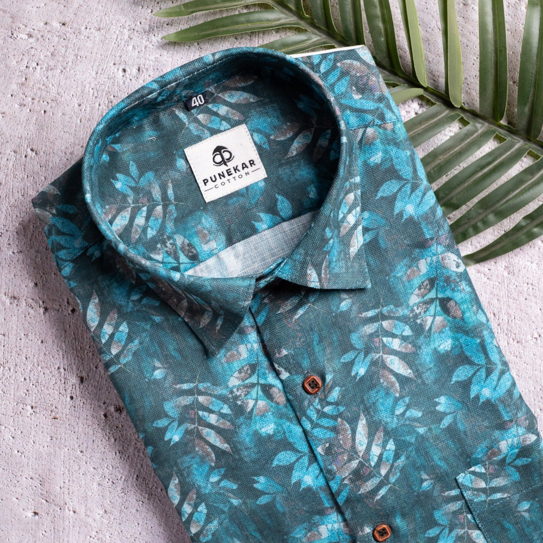 Sea Blue Color Leaf Printed Shirt For Men - Punekar Cotton