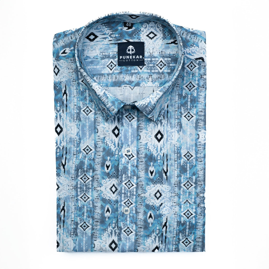 Sea Blue Color Moroccan Printed Wool Cotton Shirt For Men - Punekar Cotton