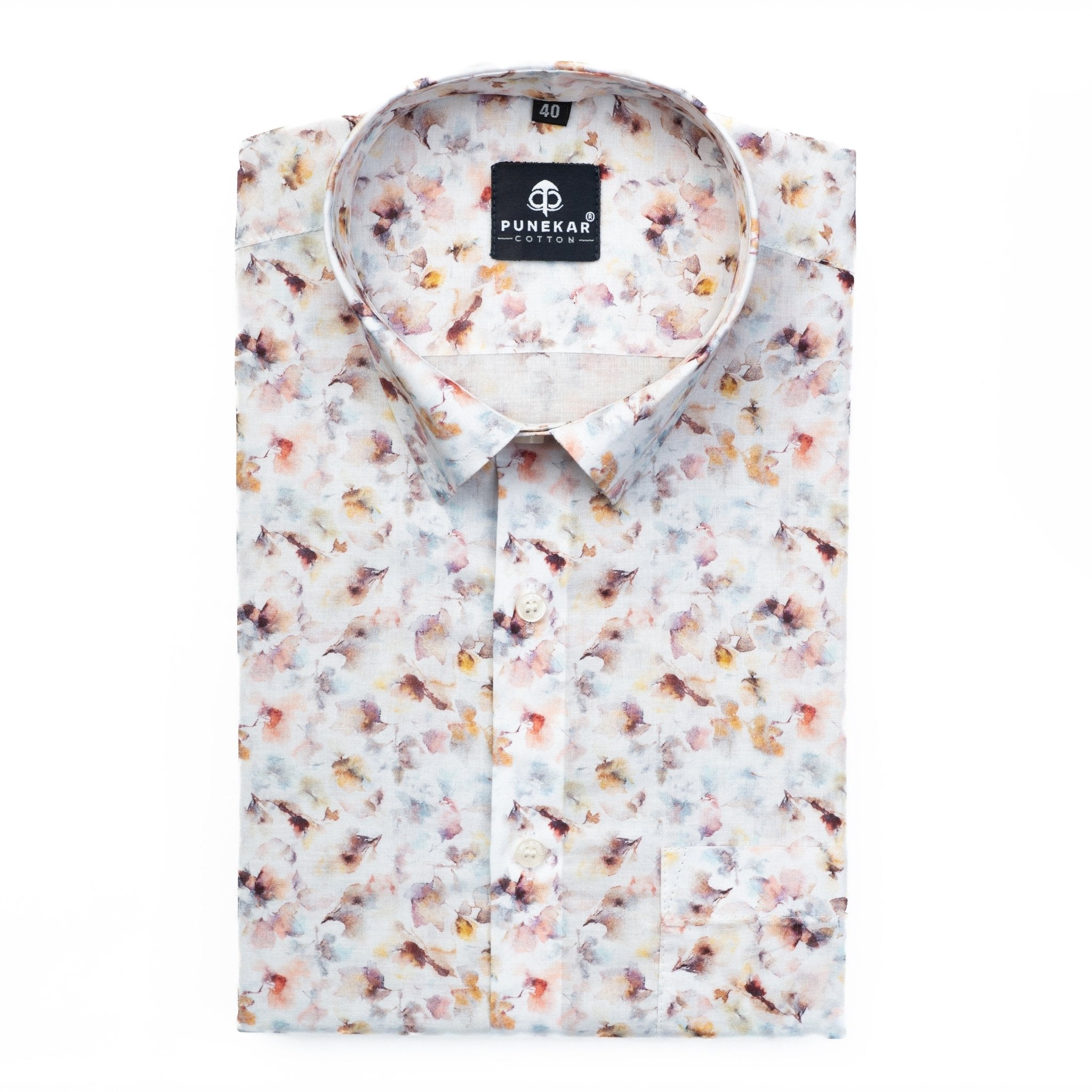 White Flower Palette Printed Wool Cotton Shirt For Men - Punekar Cotton