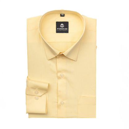 Yellow Color Dotted Dobby Cotton Shirt For Men - Punekar Cotton