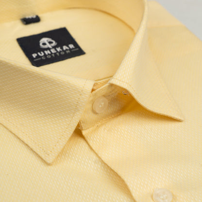Yellow Color Dotted Dobby Cotton Shirt For Men - Punekar Cotton