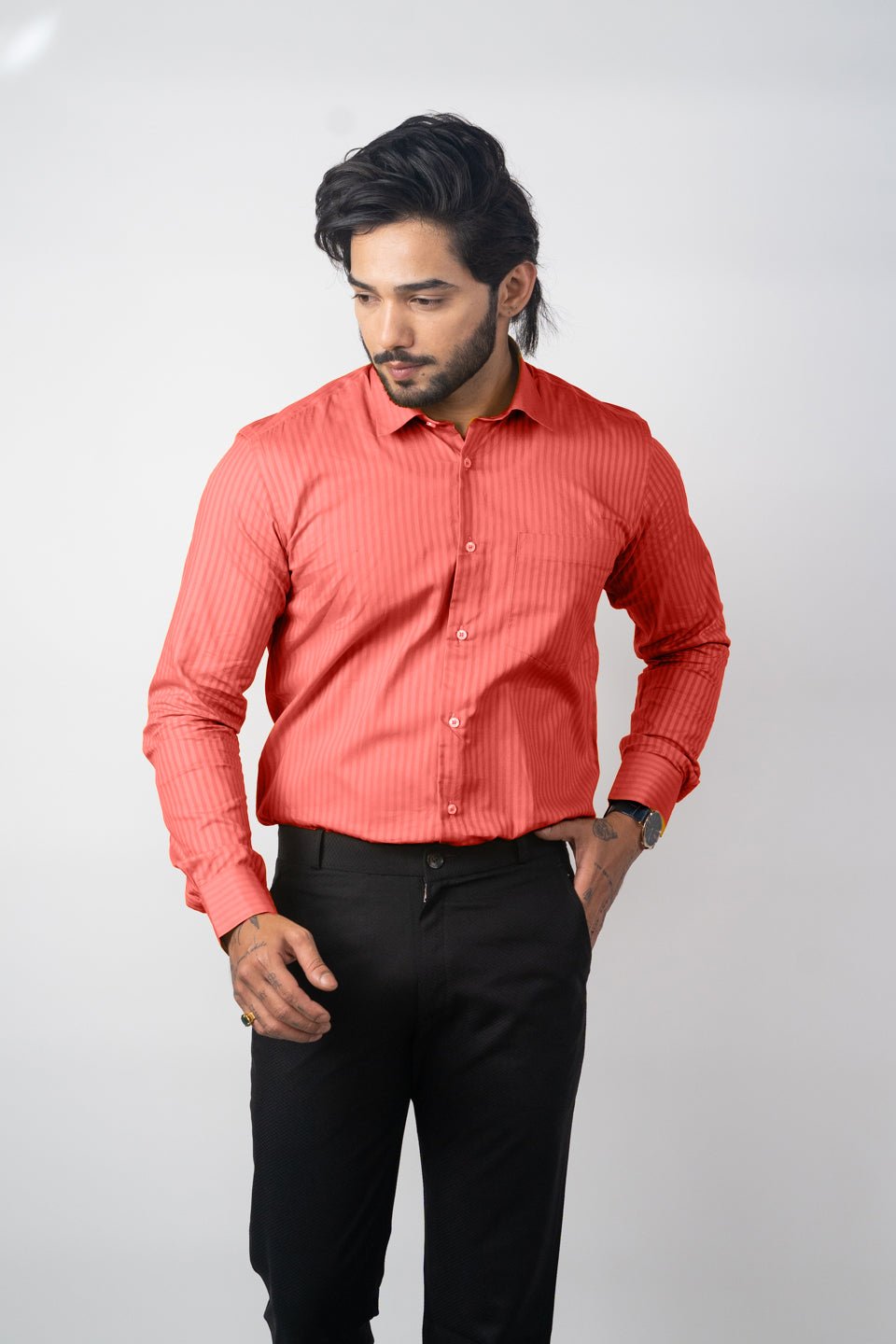 brick pink color vertical cotton stripe shirt for men 865546
